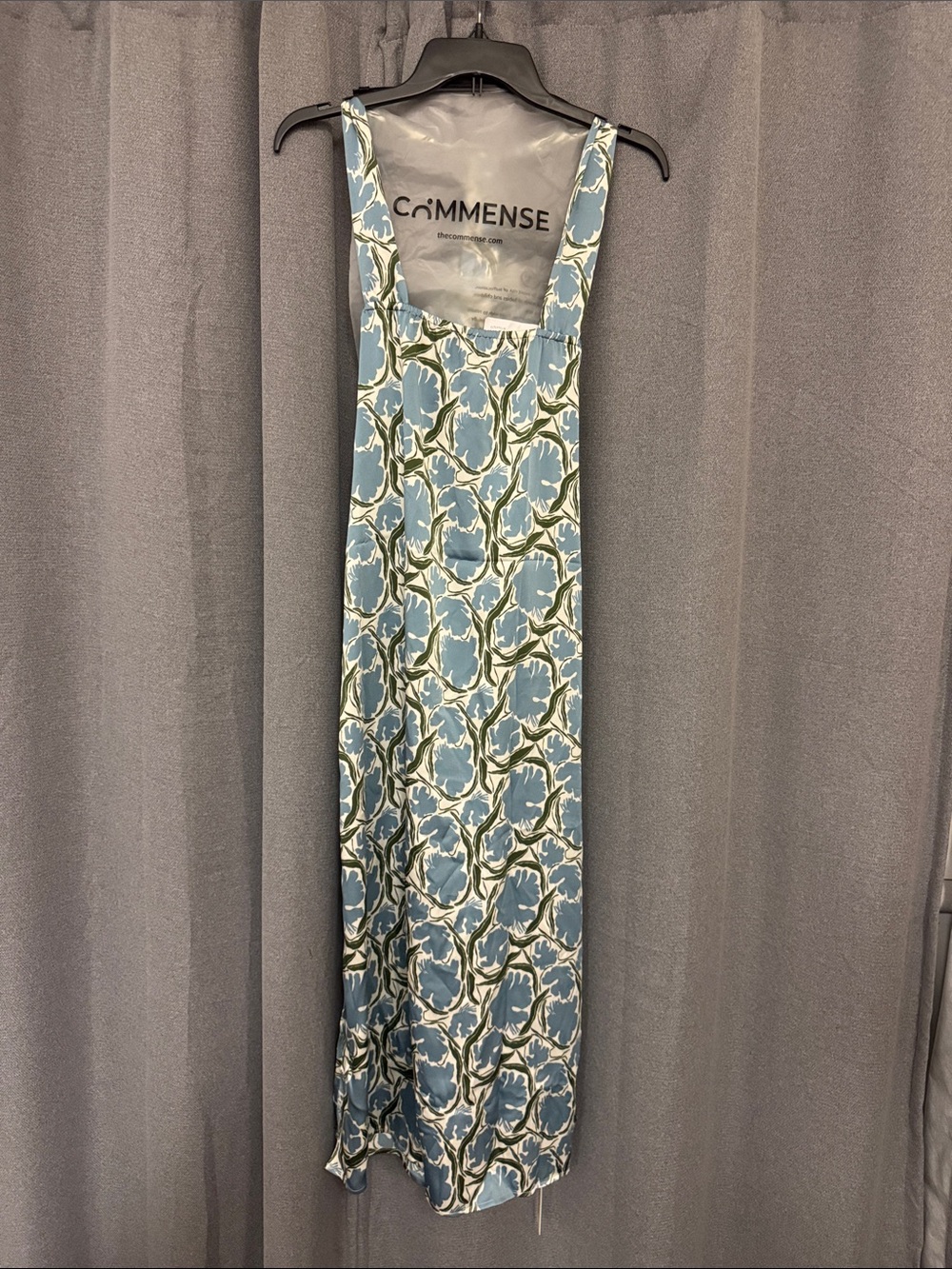 Commense Light Blue and Cream Floral Satin Maxi Slip Dress